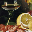檸檬鮮蝦美酒 A Wine Glass, a Peeled Lemon, Plums and Prawns on a Draped Table