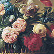 玫瑰與花束 Roses, Peonies, Tulips and other Flowers in a Basket on a Ledge